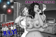 drawing nude vore monochrome black_hair large_breasts long_hair brunette smiling outdoors beer spatula hot_dog pouring zackman between_breasts