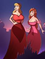 drawing blonde long_hair huge_breasts castle red_hair dress unknown_artist hairband