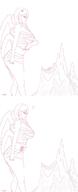 drawing giantess vore monochrome angry looking_down mountains pointing spider_girl internal_view cutaway a-i-k_art