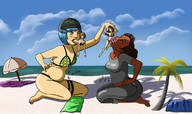 drawing giantess vore blushing long_hair beach ocean blue_hair brunette short_hair unknown_artist sitting dark_skin outdoors dialogue one_eye_closed
