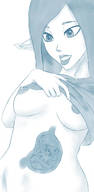 drawing vore monochrome long_hair in_stomach smiling unknown_artist shrunken_woman x-ray internal_view no_background pointed_ears shirt_pulled_up