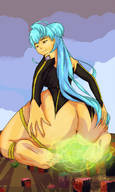 drawing city long_hair toes barefoot soles blue_hair unknown_artist sitting fart looking_down outdoors big_butt