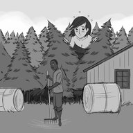 breasts drawing giantess blushing mega monochrome large_breasts cleavage smiling farm heart forest dark_skin outdoors rake helpukaiju
