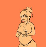 drawing panties blushing topless smiling kneeling looking_down no_background breast_worship on_palm hair_bun hollewdz