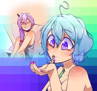 drawing blushing wings large_breasts handheld blue_hair short_hair sitting kissing shrunken_woman looking_down ahoge no_background hollewdz