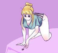 drawing panties blonde large_breasts bed smiling short_hair crawling shrunken_man pointing no_background hair_bun hollewdz