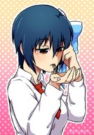 drawing gentle giantess color handheld blue_hair short_hair kissing hollewdz red_tie