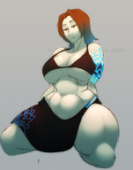 drawing long_hair huge_breasts brunette smiling unknown_artist sitting underboob muscles looking_down tattoo no_background