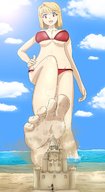 bikini drawing giantess blonde beach wet short_hair unknown_artist walking shrunken_woman looking_down outdoors raised_foot imminent_crush
