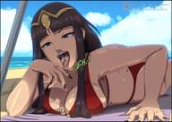 bikini drawing vore long_hair tongue saliva brunette lying_down shrunken_woman open_mouth pinned tinies under_breast jora-bora fire_emblem circlet tharja_(fire_emblem)