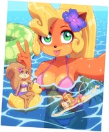 drawing gentle panties furry tail blonde color large_breasts long_hair blue_eyes crossover water green_eyes brown_eyes mouse sitting swimming disney swimwear selfie rubber_duck sandy_cheeks peace_sign coco_bandicoot spongebob_squarepants gadget_hackwrench kempferzero crash_bandicoot_(series)