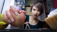 drawing brunette short_hair surprised apple shrunken_man looking_down hiding indoors cupcake refrigerator digital_render uschi3