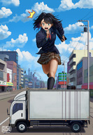 breasts drawing giantess city mega black_hair color long_hair clothed skirt socks unknown_artist uniform parody running outdoors truck impending_doom bare_legs carlo_montie powerlines