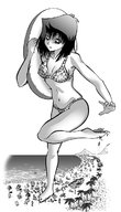 bikini breasts drawing giantess mega monochrome beach barefoot cleavage ocean looking_down foot_print palm_trees stuck_to_foot yu-gi-oh! labbaart tea_gardner inflatable_toy