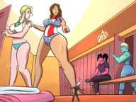 breasts drawing giantess panties horns blonde black_hair color butt barefoot bra brunette ponytail muscles legs hawkeye demoness shrunken_man sunglasses dark_skin athletic costume braid top pointing stars purple_skin locker_room scarf green_skin impending_doom bare_legs towels cassie_lang miles_morales ms_marvel spider-man marvel_comics kamala_khan bare_midriff caiman2 earth_20052 ant_boy american_dream ironheart kate_bishop kid_daredevil hulking legacy young_avengers