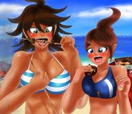 drawing vore tongue swimsuit beach saliva brunette ponytail shrunken_woman shrunken_man outdoors ahoge tinies donut shishkebab