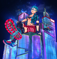 crush large_breasts destruction clothed blue_hair short_hair sitting muscles looking_down boot outdoors stuck_to_shoe micwhyss cyberpunk