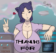 drawing giantess city long_hair cleavage purple_hair huge_breasts heart outdoors choker winking