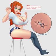 drawing long_hair cleavage butt_crush huge_breasts socks red_hair sitting surprised underboob unaware looking_down big_butt hairband thick_thighs no_background stuck_to_butt crankowanko