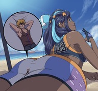 drawing gentle giantess pokemon color long_hair butt blue_eyes clothed beach ocean blue_hair gloves lying_down shorts shrunken_man sunglasses dark_skin looking_back commission on_butt cutaway zerohour99 nightingale122 nessa_(pokemon) leon_takayashi