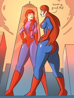 breasts drawing giantess city mega color large_breasts long_hair butt buildings gloves red_hair boots skyscraper reflection outdoors costume giant_girl dialogue mary_jane spider-man marvel_comics caiman2 earth_20052 ci0