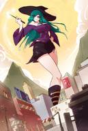 drawing giantess city large_breasts long_hair skirt blue_hair boots outdoors pointing crowds wand witch_hat angelgts