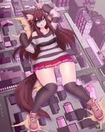drawing giantess tail long_hair destruction clothed brunette fox_ears lying_down unknown_artist convenient_censorship