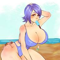 drawing beach purple_hair huge_breasts short_hair heart hugging outdoors popsicle pinkkoffin