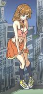 drawing giantess city color skirt green_eyes brunette looking_down embernaga