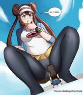 drawing giantess pokemon blushing upskirt long_hair brunette twintails looking_down crouching hair_buns charlydibu hilda_(pokemon) rosa_(pokemon)