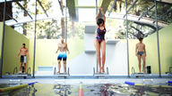 black_hair swimsuit wet short_hair mini_giantess pool swimming indoors digital_render fater