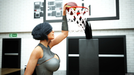 drawing black_hair large_breasts short_hair mini_giantess basketball indoors digital_render fater