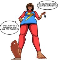 drawing black_hair long_hair clothed barefoot looking_down dark_skin raised_foot bracelet dialogue no_background ms_marvel marvel_comics kamala_khan guireyart10