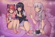 drawing white_hair black_hair large_breasts long_hair cleavage bed smiling red_hair short_hair mini_giantess unknown_artist sitting shorts headphones indoors closed_eyes top mug