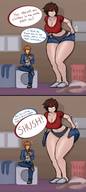 drawing panties comic cleavage huge_breasts brunette socks short_hair mini_giantess looking_down ripped_clothing dialogue thick_thighs