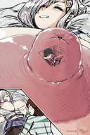 drawing micro blushing sleeping huge_breasts lying_down shrunken_man on_nipple groping hair_clip onioniogre