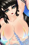 bikini drawing giga city black_hair long_hair cleavage buildings huge_breasts unknown_artist outdoors