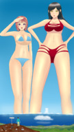 bikini drawing giantess giga city black_hair large_breasts long_hair brunette short_hair unknown_artist looking_down giantesses clouds outdoors