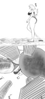 drawing giantess giga monochrome long_hair destruction barefoot huge_breasts unknown_artist walking looking_down foot_print big_butt