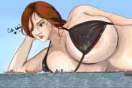 bikini drawing city long_hair destruction huge_breasts brunette lying_down unknown_artist airplane outdoors dialogue winking
