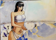 breasts drawing giantess mega black_hair color long_hair unknown_artist looking_down mountains outdoors top skimpy_clothing loincloth