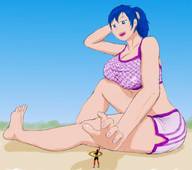 drawing giantess barefoot cleavage blue_hair huge_breasts ponytail unknown_artist sitting shorts reaching looking_down