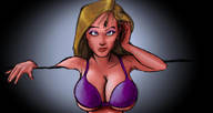 drawing blonde large_breasts long_hair cleavage bra sitting shrunken_man looking_up hanging_on peterparkerlawl