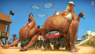 bikini drawing blonde black_hair long_hair mini_giantess sitting belly sunglasses giantesses vehicles outdoors hoop_earrings hat flip_flops dialogue bigbig mass_vore