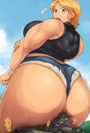 drawing blonde butt destruction butt_crush huge_breasts short_hair sitting surprised muscles shorts looking_down bakugeki_no_g planet_(bakugeki_no_g)
