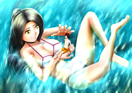 bikini drawing black_hair long_hair handheld water wet ponytail unknown_artist sitting looking_down swimming outdoors choker necklace