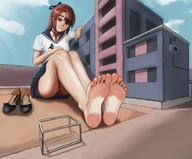 drawing gentle giantess panties upskirt color barefoot skirt green_eyes brunette looking_at_viewer leaning_on_building clockdonkey
