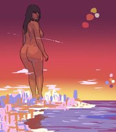 drawing giantess nude city long_hair brunette unknown_artist dark_skin clouds outdoors sunset looking_back big_butt