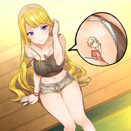 drawing blonde large_breasts long_hair smiling unknown_artist sitting shorts shrunken_man rings bracelet between_breasts