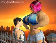 cleavage huge_breasts pink_hair short_hair mini_giantess muscles shorts looking_down ilayhu outdoors flexing hands_on_hips skimpy_clothing digital_render giantessamazons